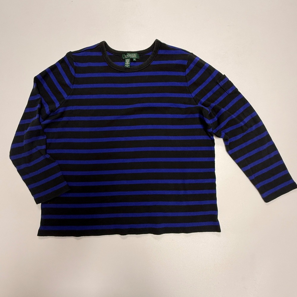 Lauren Ralph Lauren Striped Top Black Blue Cotton Long Sleeve Crewneck 2X